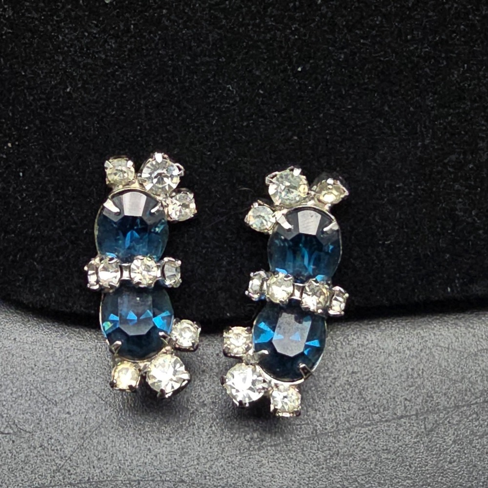 Clear Blue Rhinestone Clip On Earrings Vintage Costume Jewelry